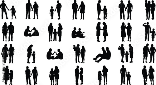 Family silhouette collection showing parents, children, couples, and interactions, black and white people figures representing love, bonding, parenting, relationships, diversity