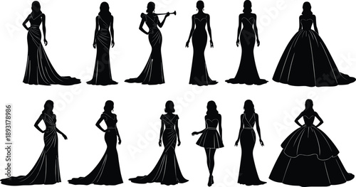 Female fashion silhouette collection of elegant women wearing evening gowns and bridal dresses, showcasing luxury couture styles, glamour and runway poses on white background