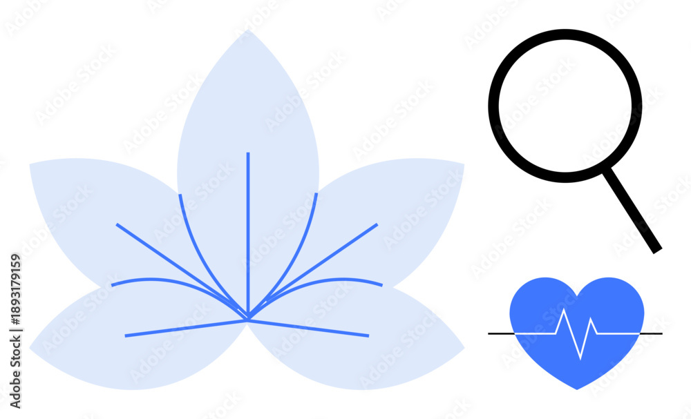 Obraz premium Abstract flower outline, magnifying glass, heartbeat heart symbol representing holistic health, mindfulness, and research. Ideal for wellness, healthcare, fitness, meditation balance diagnostics