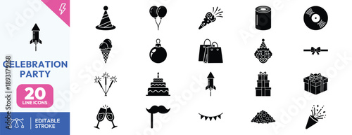 Black icons for celebration party.