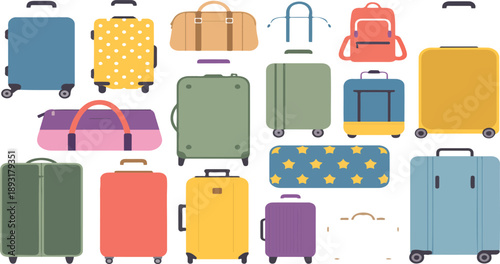 Travel Luggage Vector Set – Colorful Suitcases, Backpacks, and Handbags