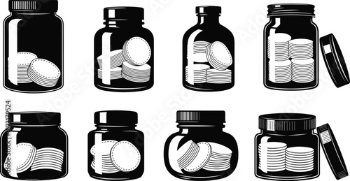 Set of glass jar silhouette vector illustration with coin stack inside, money saving concept, finance container, economy and investment idea