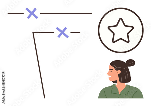 Career aspirations, personal growth, achievements, goals, creative concepts, recognition. Illustration of a woman, star symbol abstract lines and crosses. Career aspirations and recognition concept