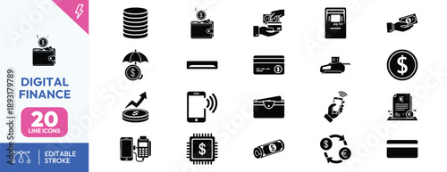 Digital finance icons and symbols.