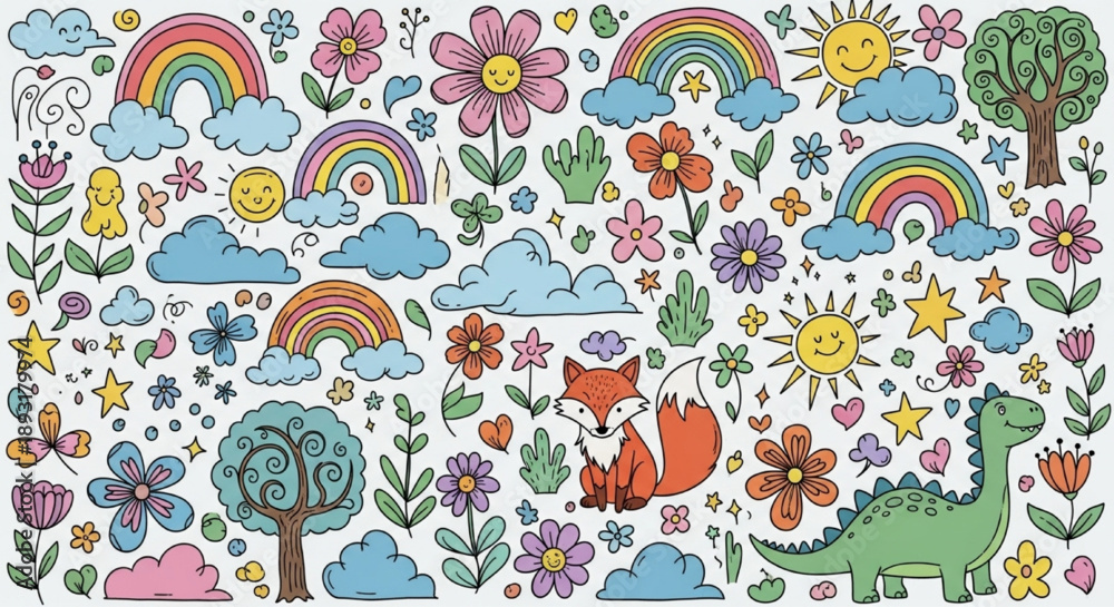 Naklejka premium Colorful Cartoon Animals and Flowers with Rainbows and Clouds