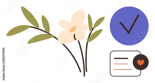 Nature, agreement, task completion, organization, eco-friendly concepts, validation. Floral branch with leaves and flower, next to a checkmark and a document icon. Nature and agreement