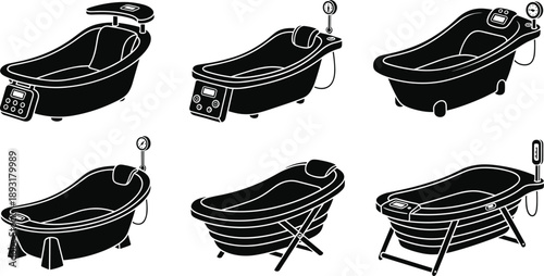 Set of modern smart bathtub silhouette vector illustration, luxury spa bath, digital control tub, relaxation and home hygiene concept