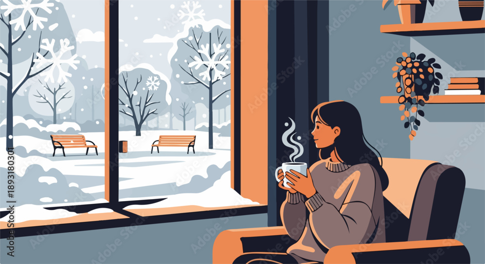 Fototapeta premium Cozy winter scene: woman sips coffee by snowy window.