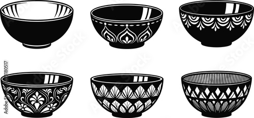 Set of six decorative bowl silhouette vector illustrations with traditional patterns, ceramic dishware design elements, black isolated kitchen icons