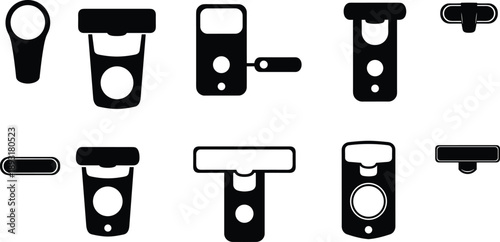 Set of six different black silhouette vector illustrations of bottle openers and corkscrews on white background, kitchen tool design concept