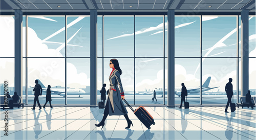 Woman with suitcase walking in modern airport terminal