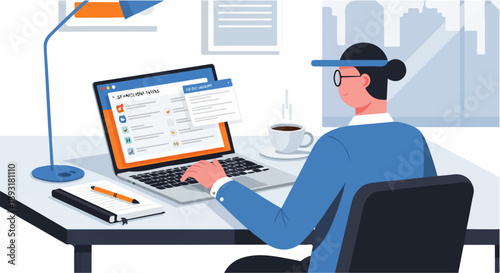 Productive woman managing tasks on laptop.