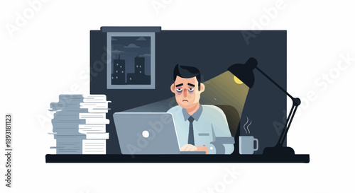 Stressed man working late, feeling exhausted and tired