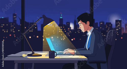 Man working late on laptop with city view at night