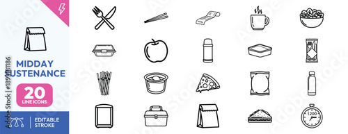Midday sustenance meal icons set.