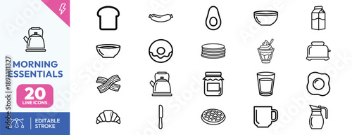 Morning Kitchen Utensil Icons Set.