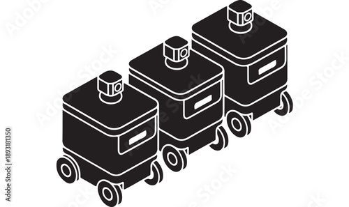 Three autonomous delivery robots in a row, showcasing modern logistics and automation.