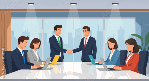 Business deal handshake in modern office meeting.
