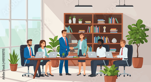 Team collaboration and handshake in a corporate off...