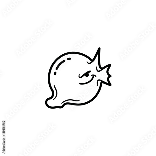 Distorted and angry speech bubble with menacing eyes expressing mischievous or twisted thoughts, isolated white background