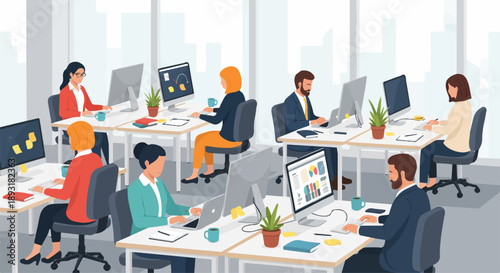 Busy open-plan office with diverse people working