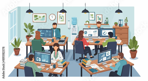 People working in a modern open-plan office.