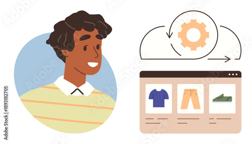E-commerce, customer interaction, online shopping, automation tools, retail technology, user engagement. Smiling person next to a product display and a cloud gear icon. E-commerce and customer