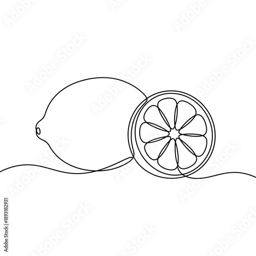 Minimalist one line drawing of a whole lemon and a lemon slice