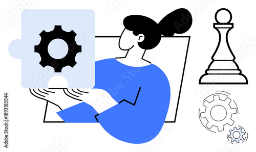 Strategic planning, innovation, teamwork, leadership, problem solving, decision making. Woman holding a puzzle piece with a gear and chess pawn nearby. s strategy and innovation in problem solving