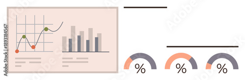 Business performance, data analysis, finance, reporting tools, decision making, trends. Line and bar charts with percentage meters. Business performance and data analysis concept
