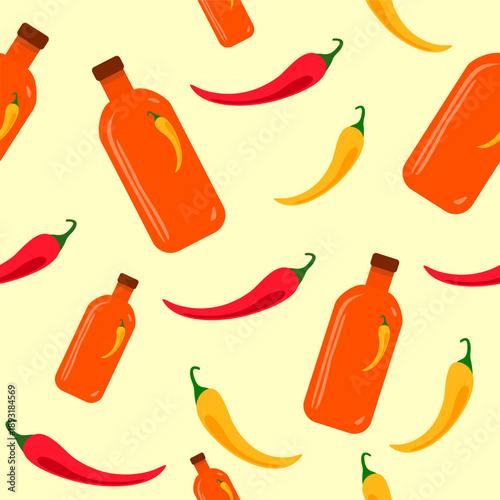 Seamless chili sauce pattern with red peppers in cartoon doodle style, hand-drawn hot salsa illustration for Mexican food packaging and branding, with spicy condiment background and vibrant flame grap