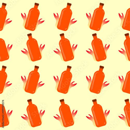 Seamless chili sauce pattern with red peppers in cartoon doodle style, hand-drawn hot salsa illustration for Mexican food packaging and branding, with spicy condiment background and vibrant flame grap