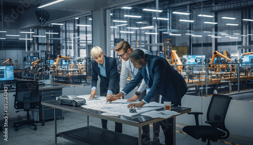 Three Business Professionals Collaborating on Blueprints in a Modern Factory Setting.