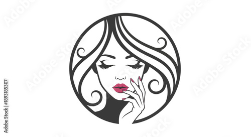 Elegant woman with closed eyes and red lips in a circular frame.