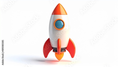 A retro 3d cartoon illustration of a red metal rocket spaceship launching into space at high speed as a symbol of science and travel technology