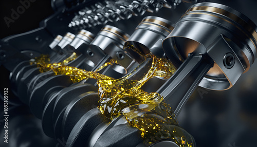 Close-up of a running engine with oil lubrication.