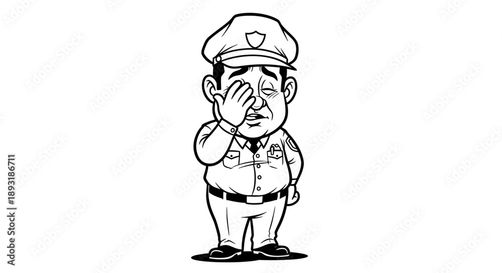 Obraz premium Weary cartoon police officer covers an eye with his hand, expressing exhaustion, disbelief, or disappointment in a humorous black and white illustration