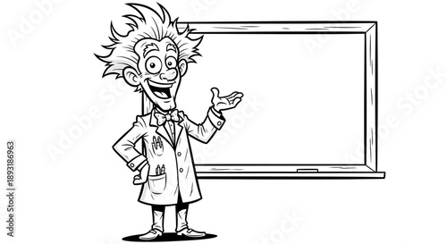 Cartoon mad scientist with wild hair and a lab coat, gesturing animatedly next to a blank whiteboard, ready for a scientific explanation or presentation