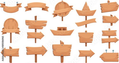 Wooden signpost and arrow board vector set with banners and labels for rustic direction design