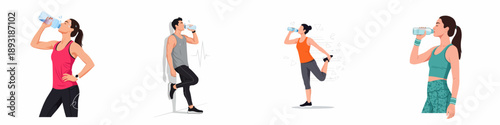 Fitness and Hydration Illustration Set: Diverse people drinking water, resting, and stretching after physical activity, promoting healthy lifestyle and workout recovery.