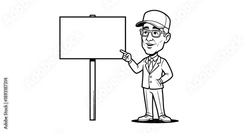 Man wearing a cap pointing to a blank sign, representing a presentation, advertisement, or announcement