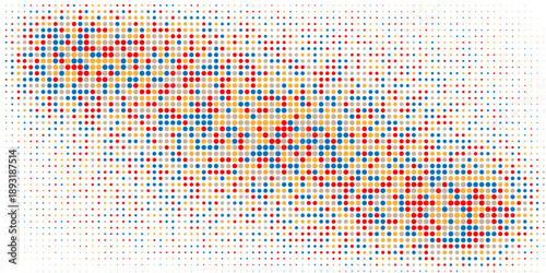 abstract mosaic of tiny colored dots creates a lively, textured background. Red, blue, gold, and orange tones blend in a dynamic pattern suitable for modern design, posters,