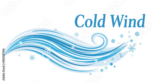 Dynamic blue wind currents with swirling lines and delicate snowflakes creating an abstract representation of brisk winter air and frosty weather patterns
