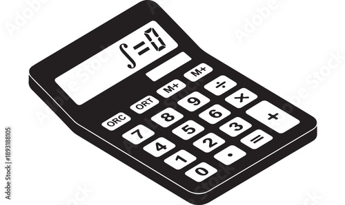 Black and white isometric calculator with integral symbol on display.