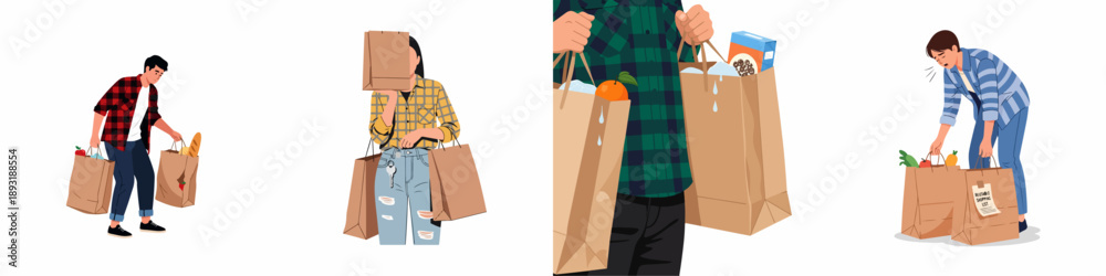 Ταπετσαρία Diverse people carrying heavy paper shopping bags full of groceries after a market trip, illustrating modern consumer lifestyle