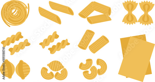 Assorted Italian Pasta Shapes Collection Illustration Set in Flat Vector Style
