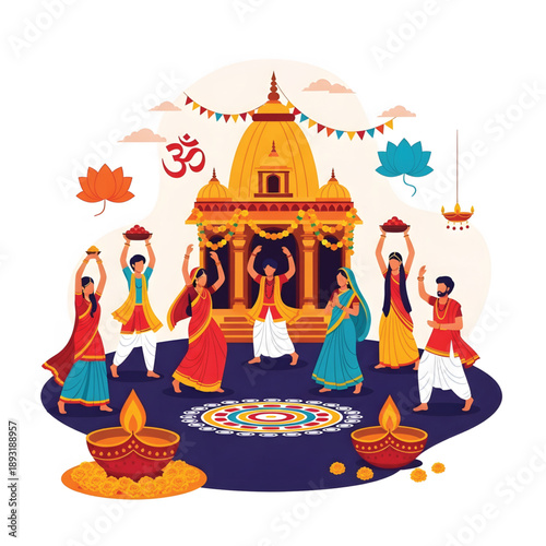 Maha Shivratri festival Devotees dancing joyfully in traditional attire around a decorated Hindu temple. A vibrant illustration of spiritual devotion and rich cultural celebration
