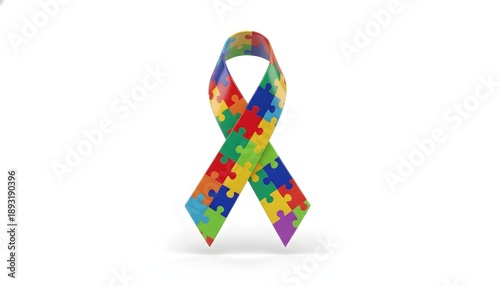 Awareness ribbon made of vibrant puzzle pieces in autism colors, rainbow gradient, looped shape with pointed pencil-like base