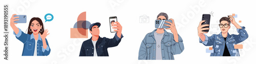 Modern youth taking selfies, a set of four vector illustrations showcasing diverse poses and expressions related to social media and mobile photography.