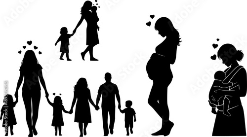 Mother's day silhouette illustrations of mothers with children pregnancy and family love
